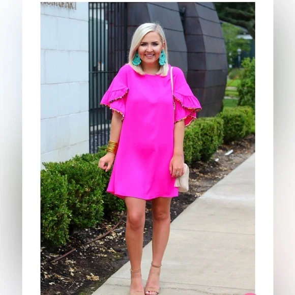 NEW! VERY J Hot Pink Shift Dress with Pom Pom sleeves size Small - Picture 2 of 8